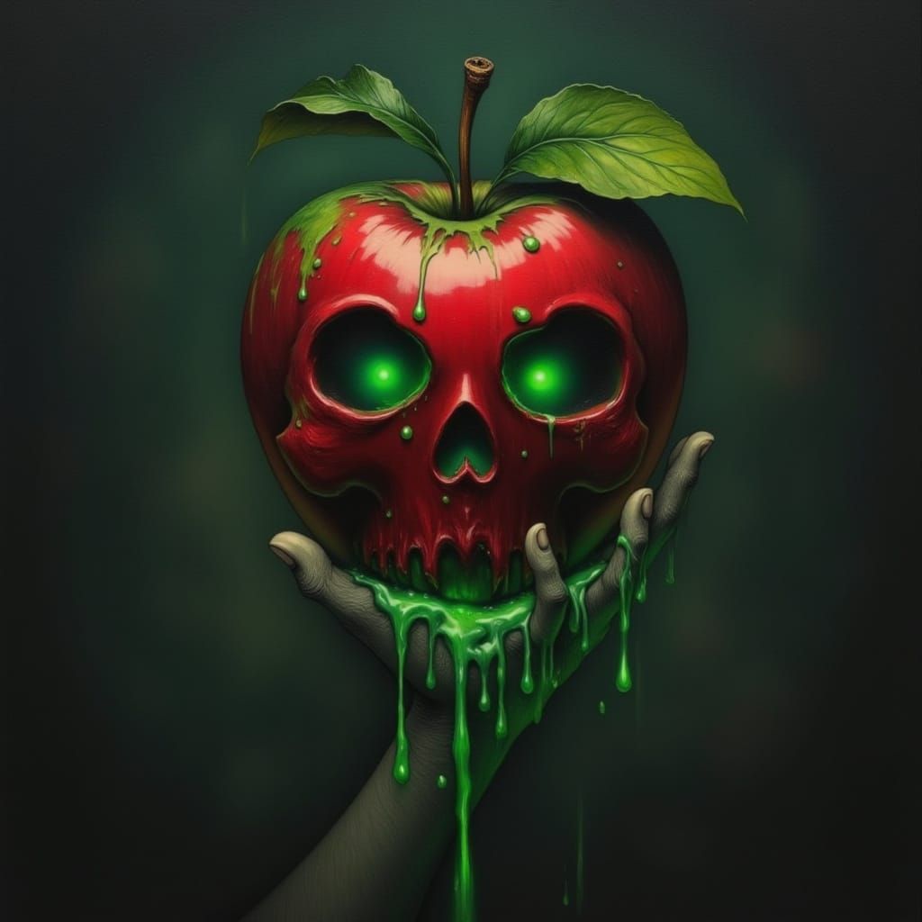 Deep Red Poison Apple with Glowing Green Liquid in Neo Tradi...