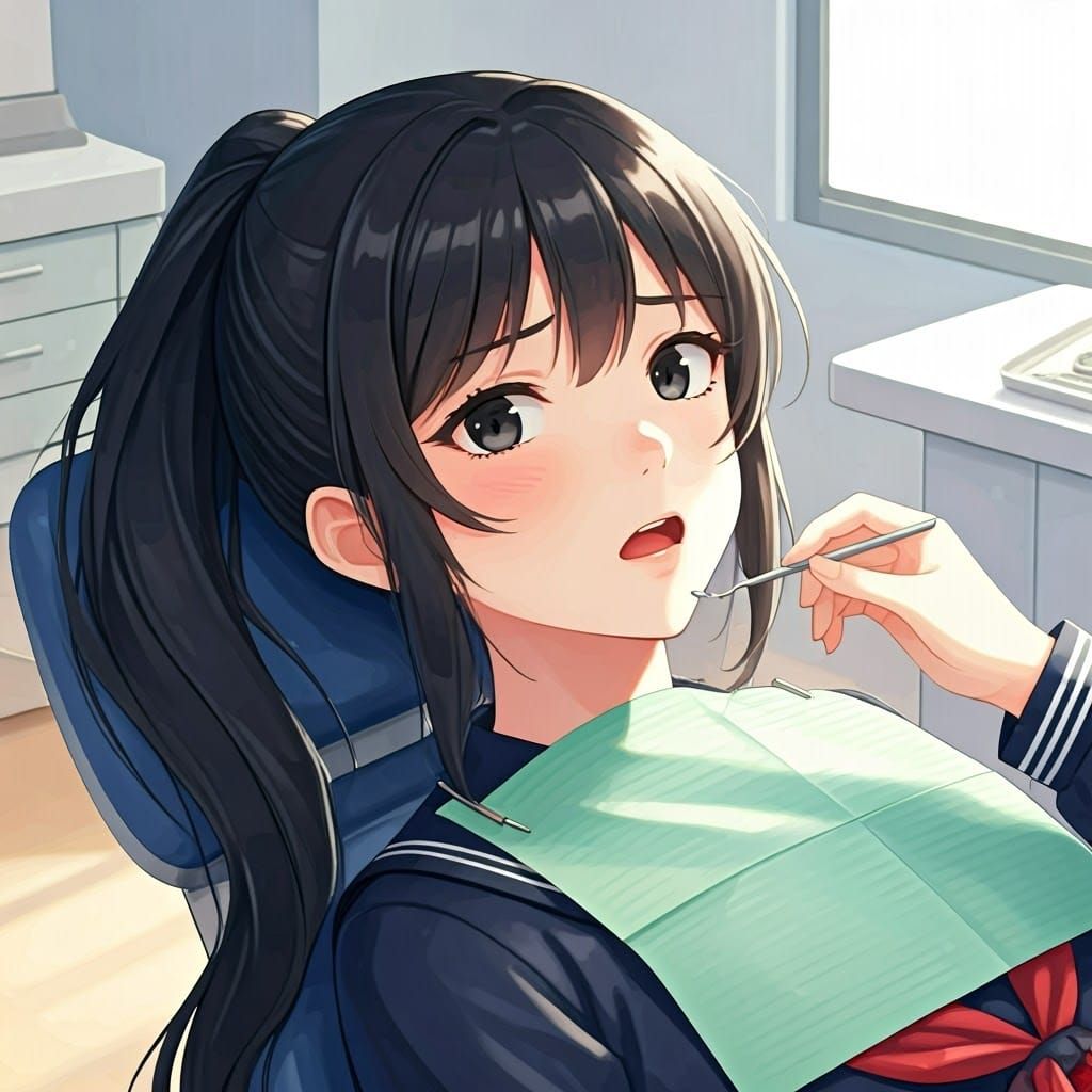 Anime Girl's Anxious Dentist Visit in Manga Style