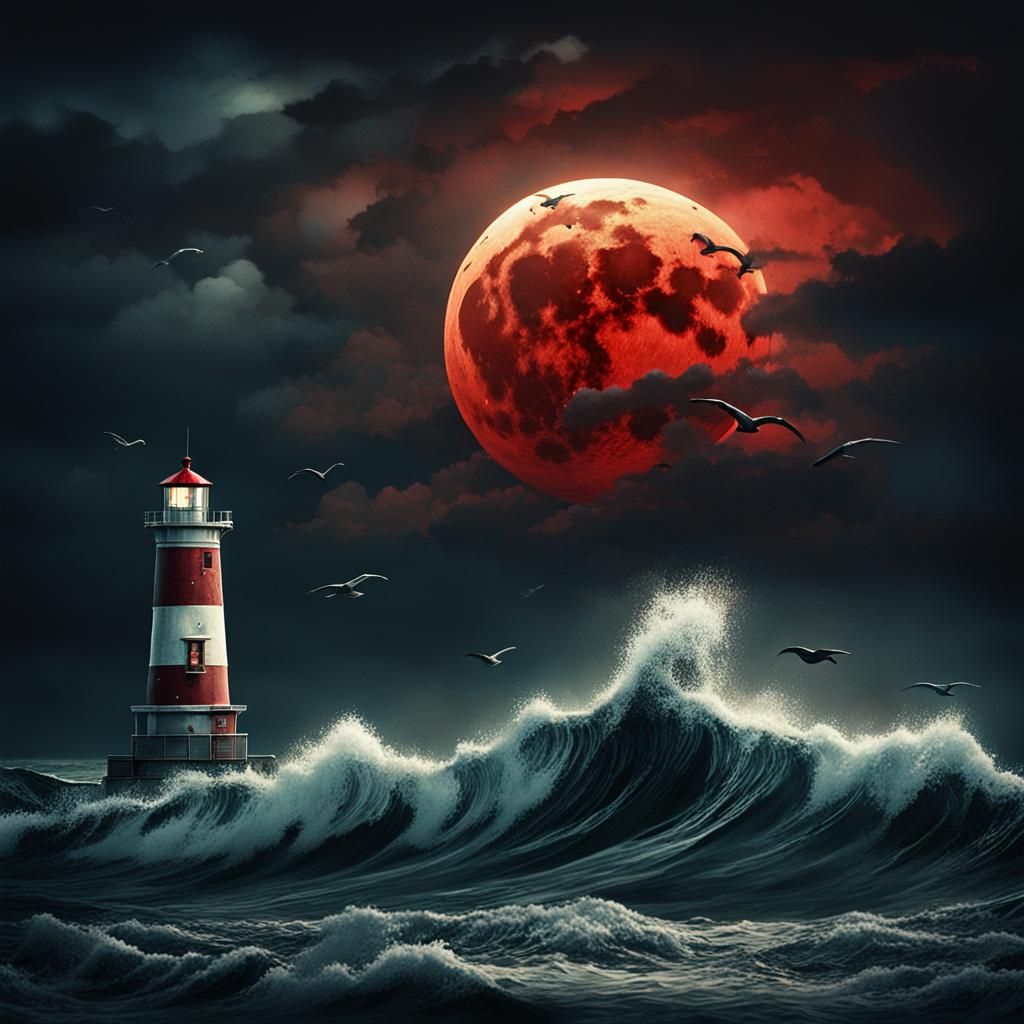 Blood Moon Eclipse Over Stormy Ocean Fantasy Art