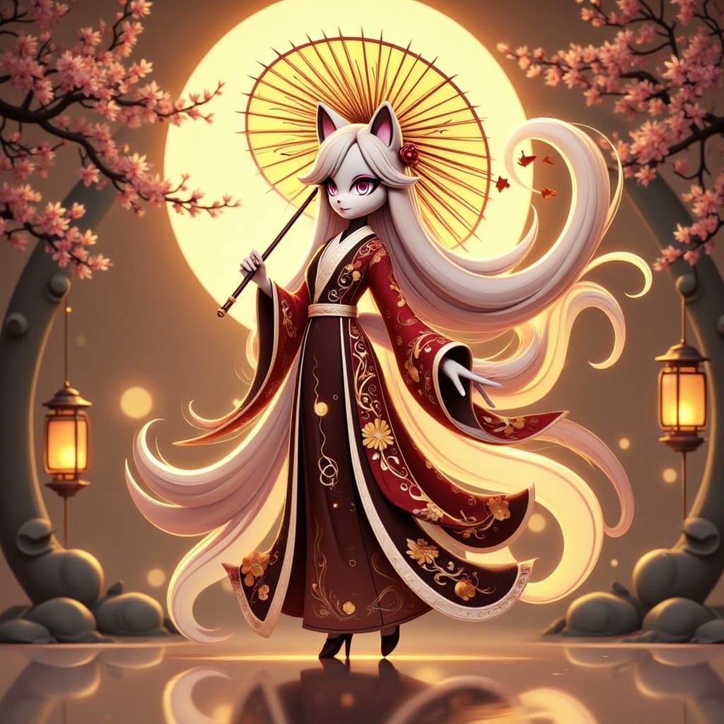 Nine-Tailed Kitsune Goddess in Golden Sunlight with Fiery Ha...