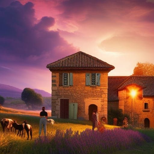 Provence Village Scene with Families and Kittens