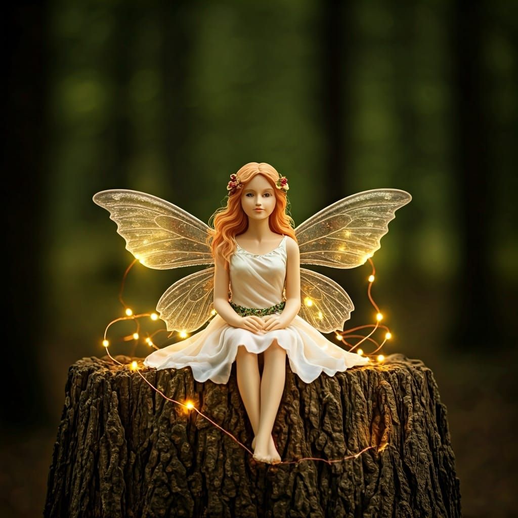 Enchanting Fairy in Woods Surrounded by Magical Lights