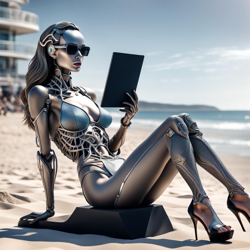 AI Woman Relaxing on Beach: Hyperrealistic Rendering