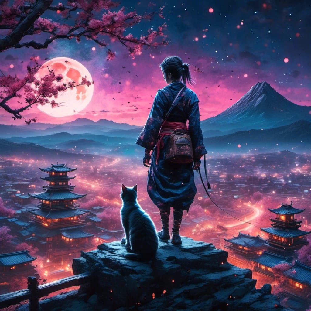 Ninja and Cat on Rooftop Under Sakura Blossoms