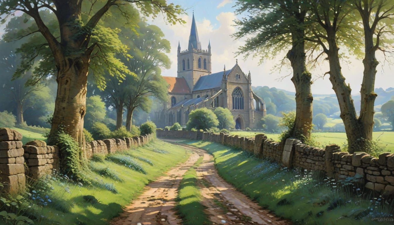 Rustic Country Lane with Gothic Cathedral Ruins in Impressiv...