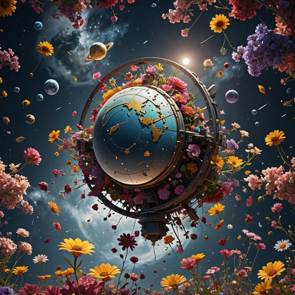 Floral Satellite Orbiting a Moon in Fantasy Concept Art