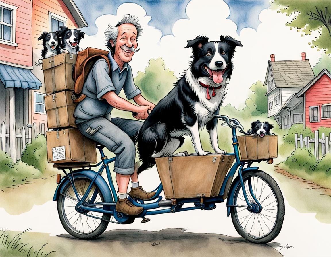 Man and Dogs on Cargo Bicycle Illustration