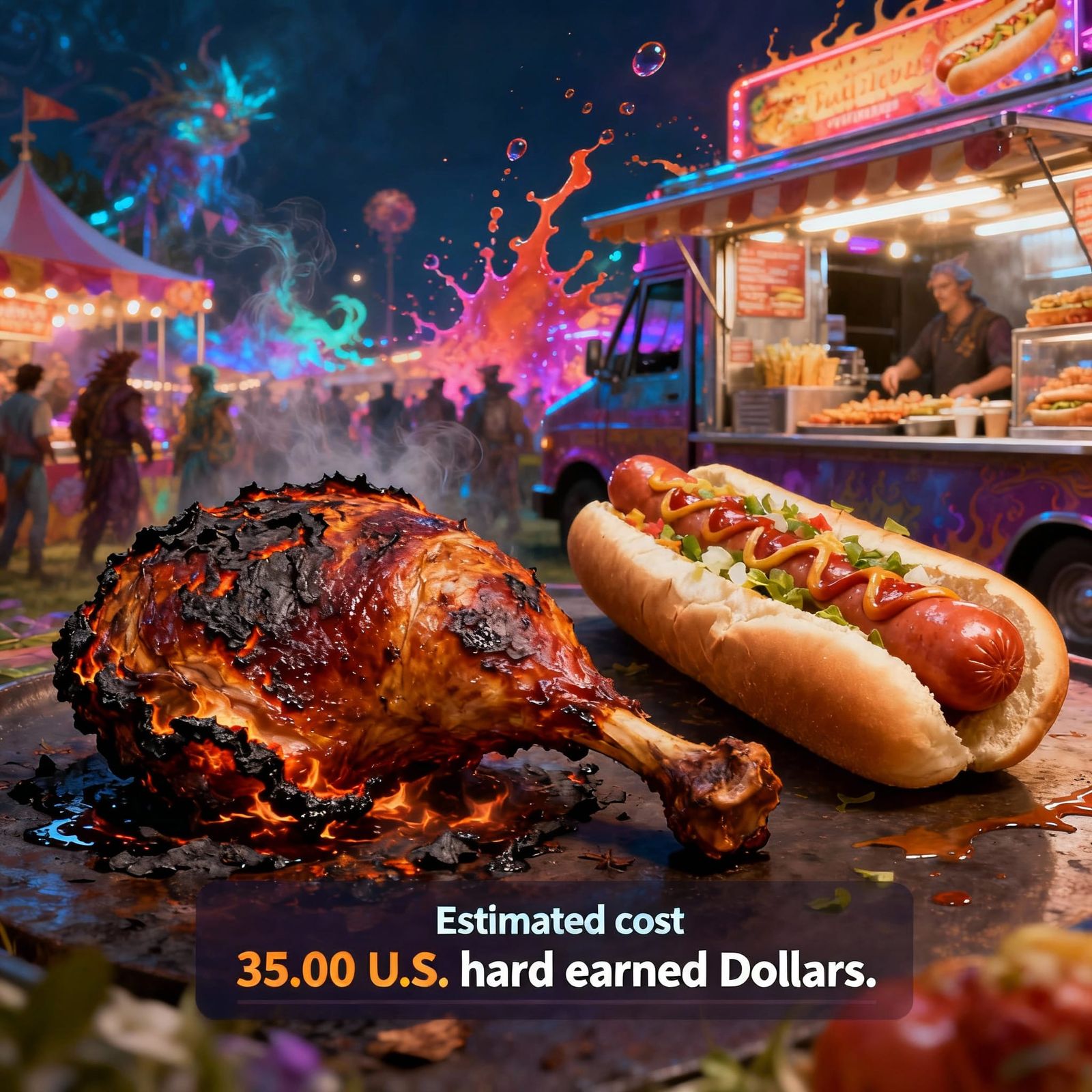 Went to the Food truck festival.  We got a burnt hard Turkey Leg. We also got a one foot long hot dog. It was very good....