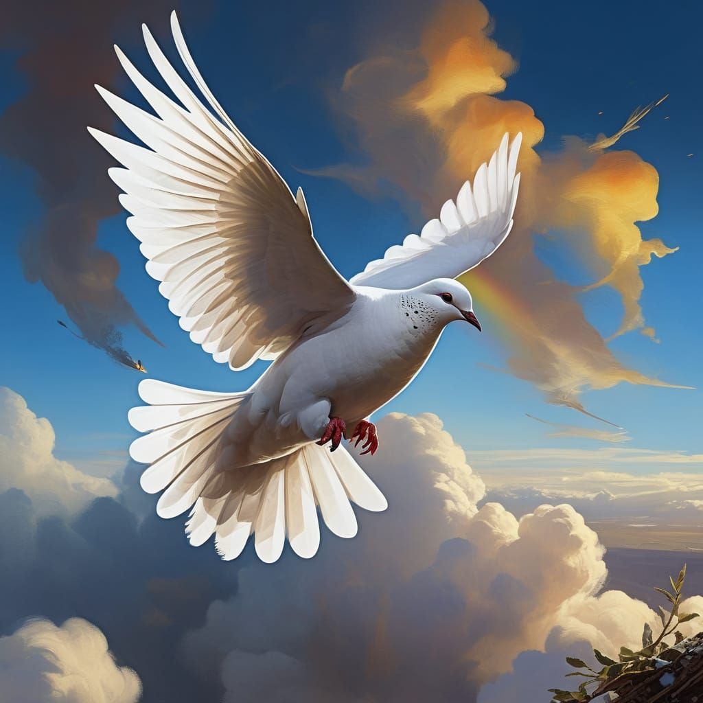 Ethereal White Dove Soars Through a Vibrant Rainbow Sky