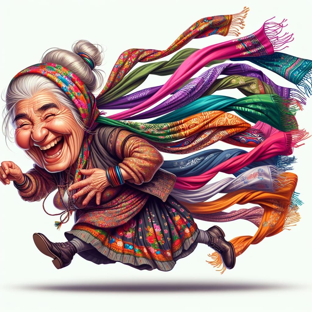 Joyful Romani Woman Caricature Dancing with Scarves