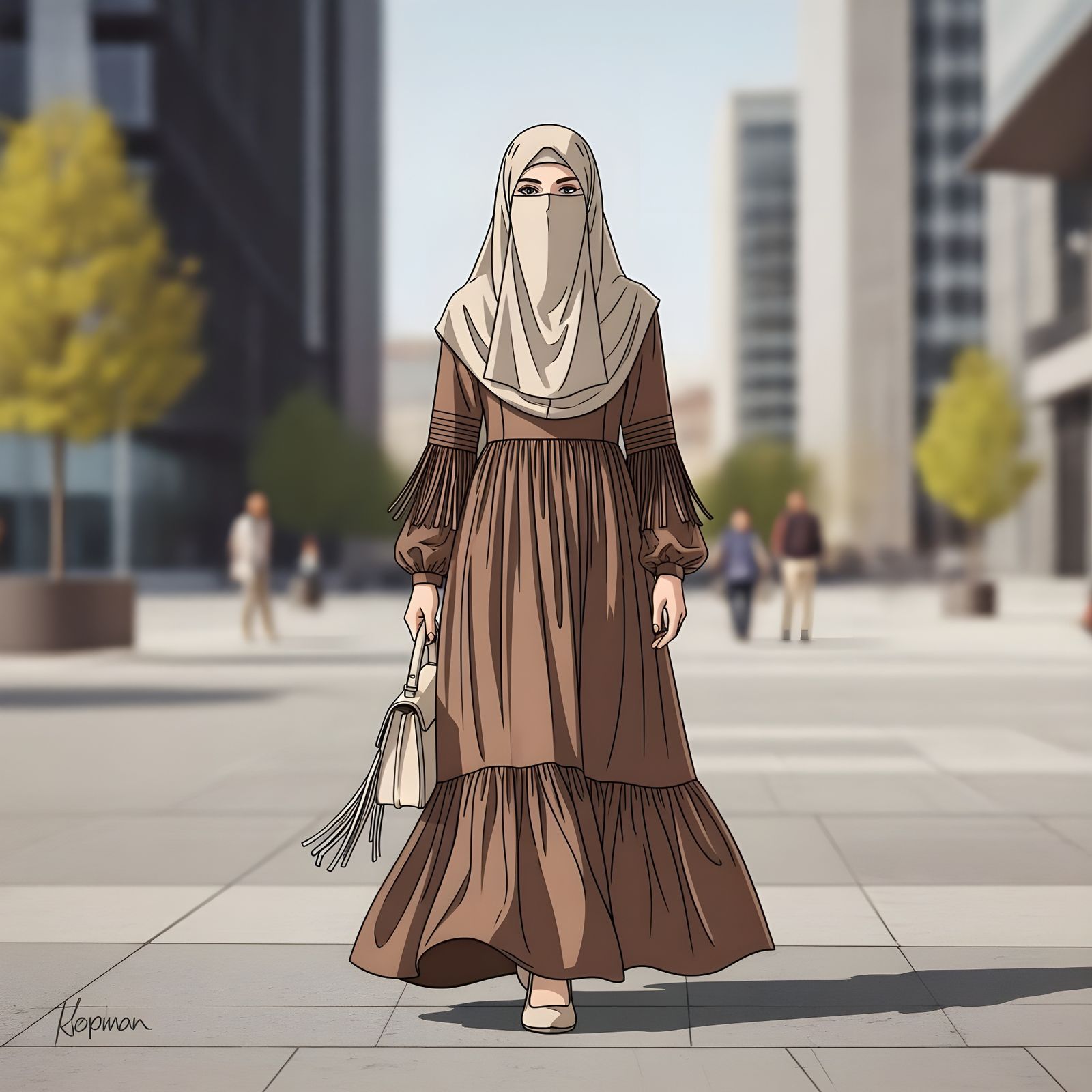 Boho Chic Woman in Niqab Walking in City