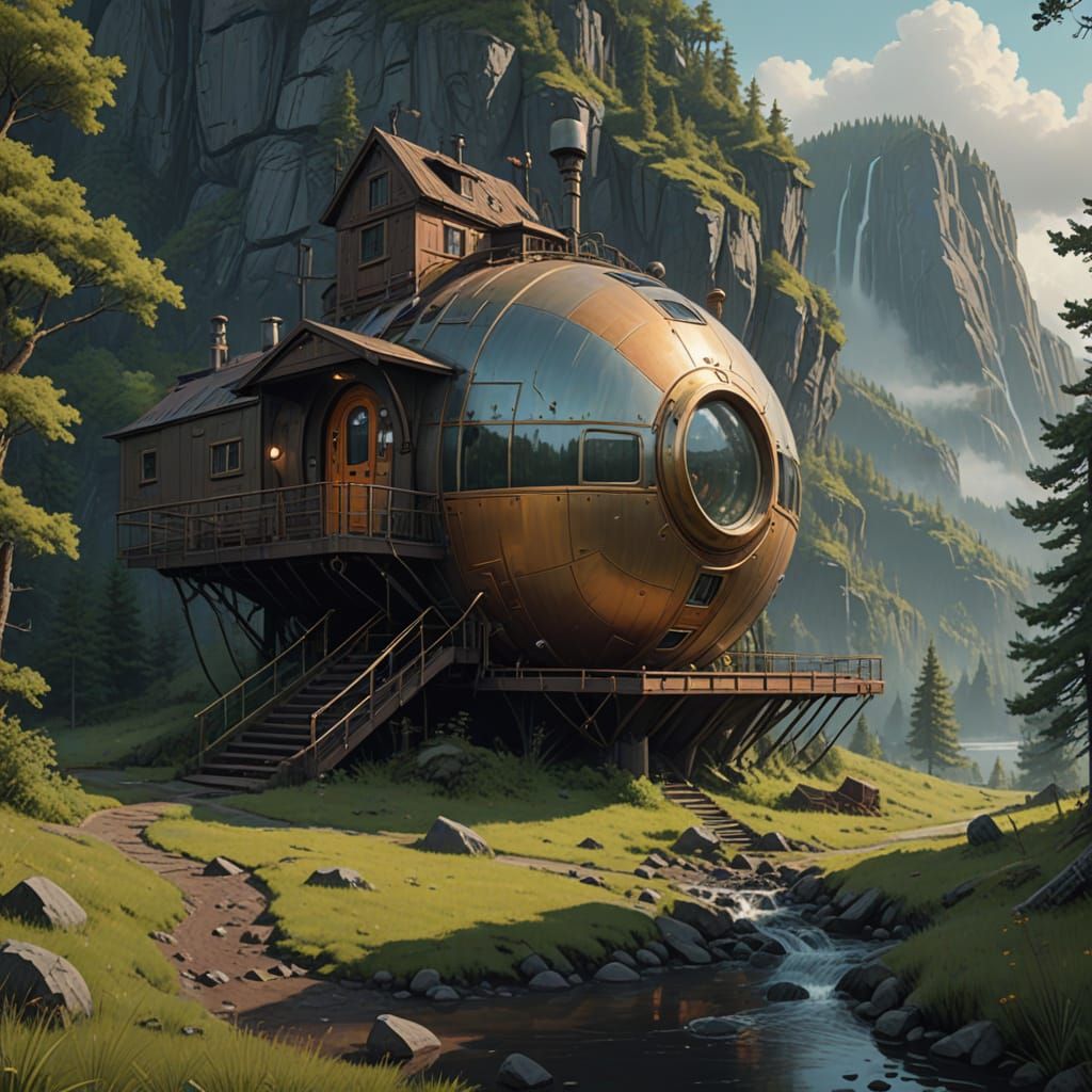 Steampunk Cabin Amidst Misty Mountains as Digital Art