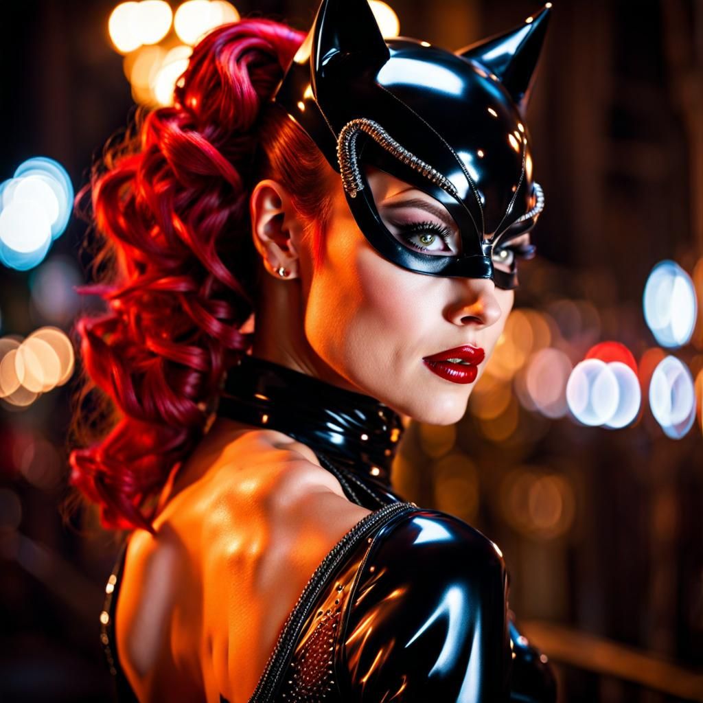 Gothic Red-Haired Catwoman Portrait in Royo Style
