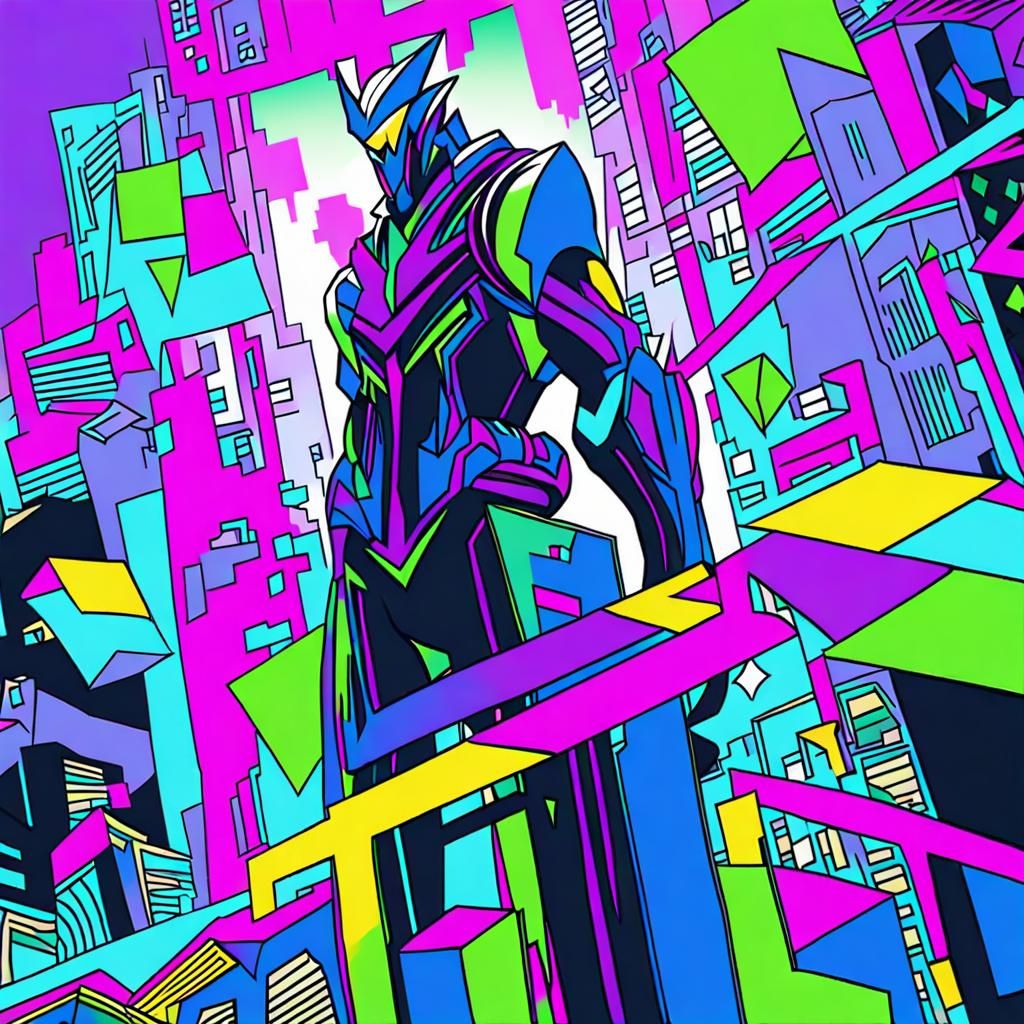 Futuristic Samurai in Neon Cityscape, Neo-Cubist Style