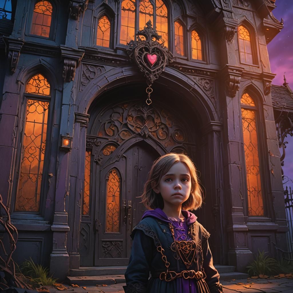 Eerie Haunted House Entrance with Little Girl