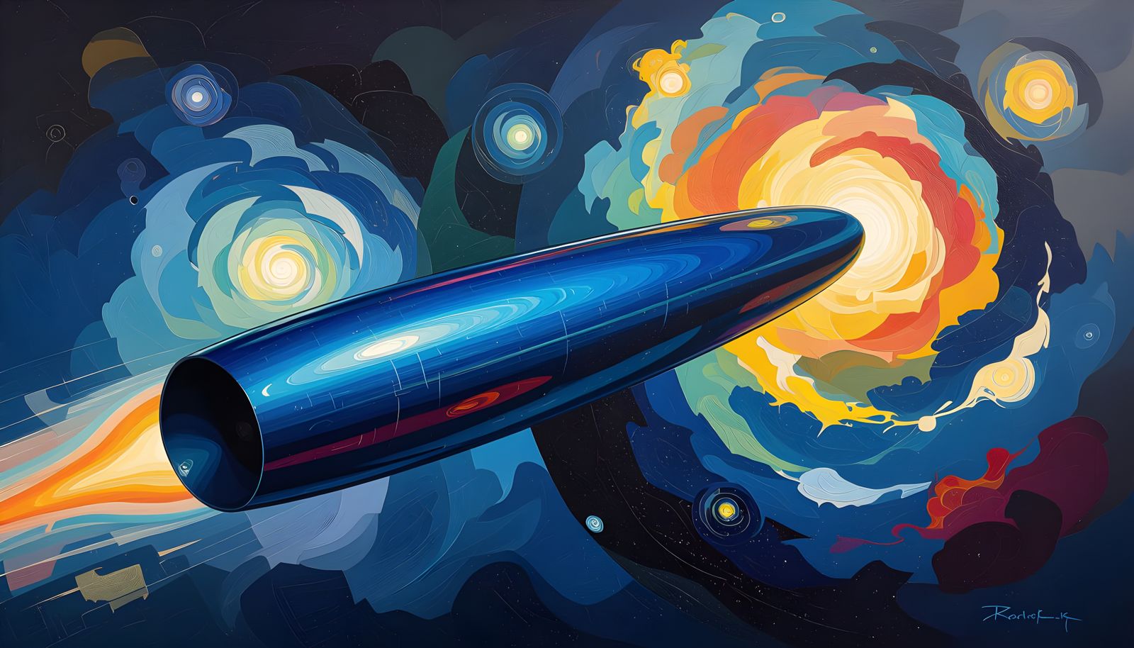 Sleek Cylinder Races Through a Surrealist Cosmos