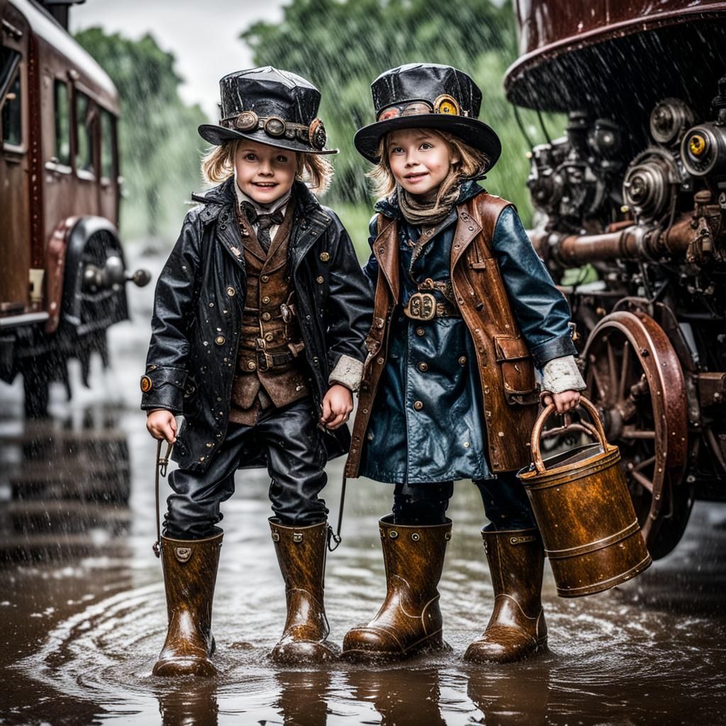 Steampunk Rainstorm: Children Playing in Puddles