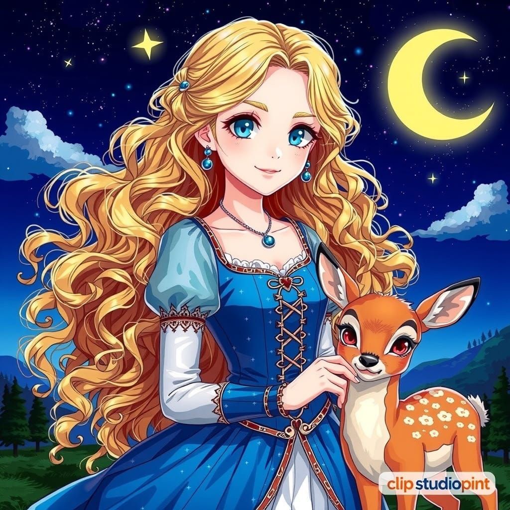 Anime Girl with Moon and Deer in Night Sky