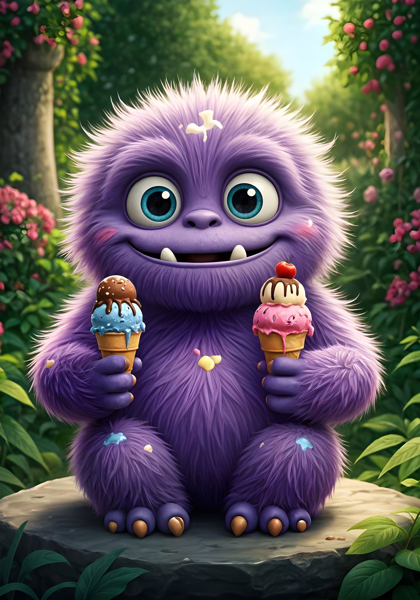 Fluffy Monster's Ice Cream Feast in Fantasy Garden