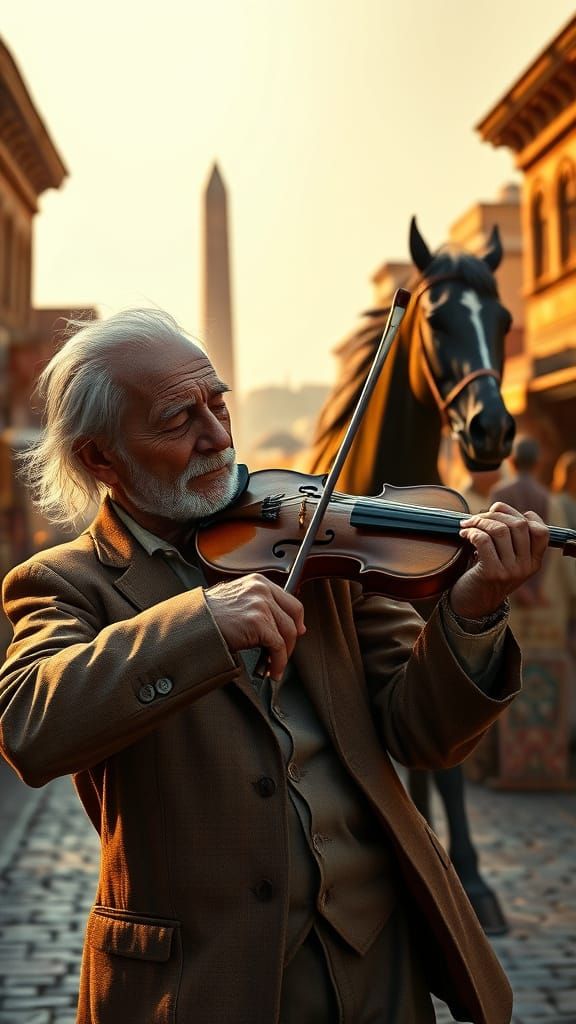 Aged Violinist Lost in Melody Amidst Arabian Marketplace