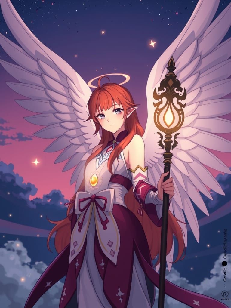 Red-Haired Sorceress with Angelic Wings in Anime Style