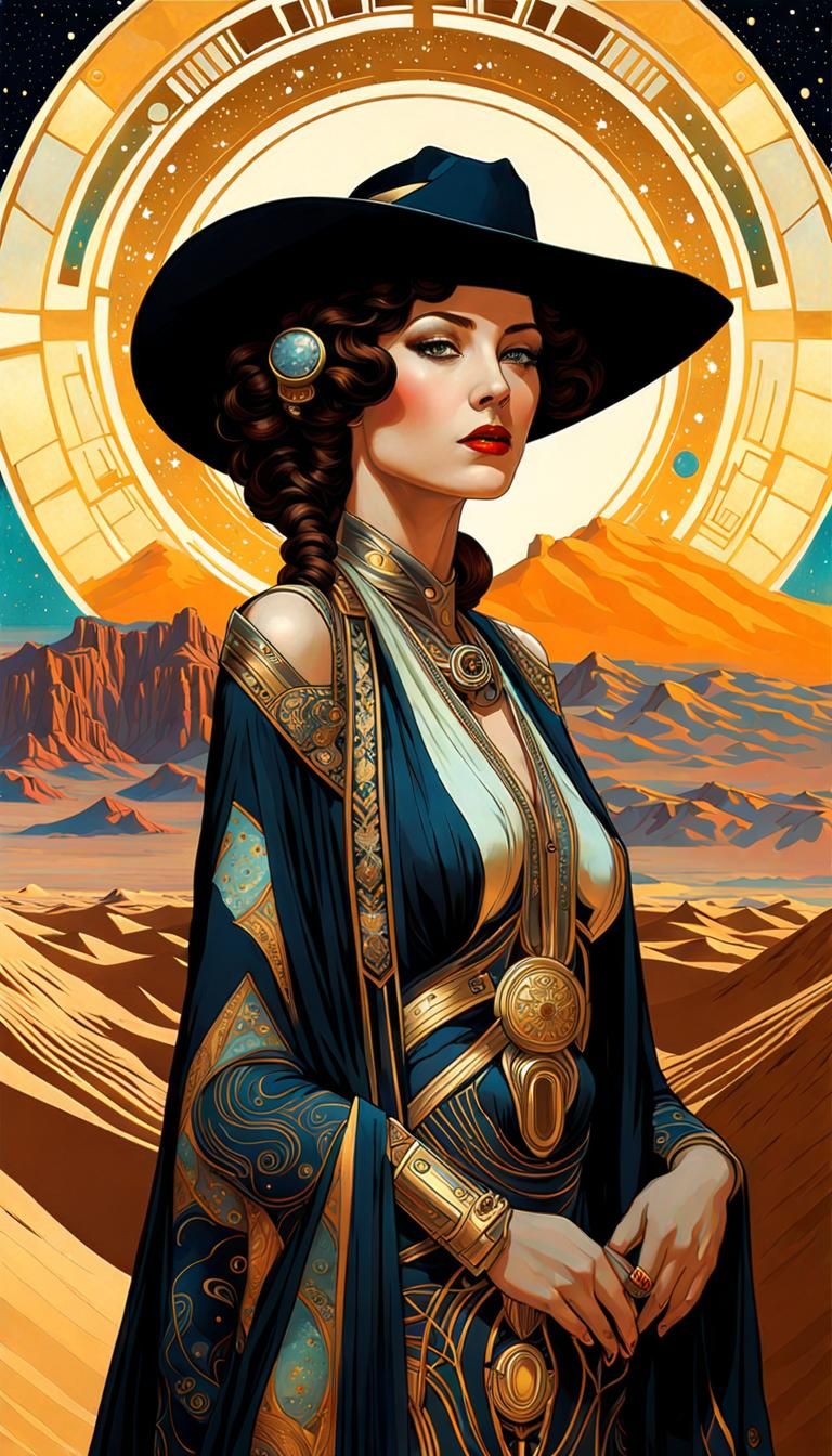 Art Deco Cowgirl in Cosmic Western Landscape