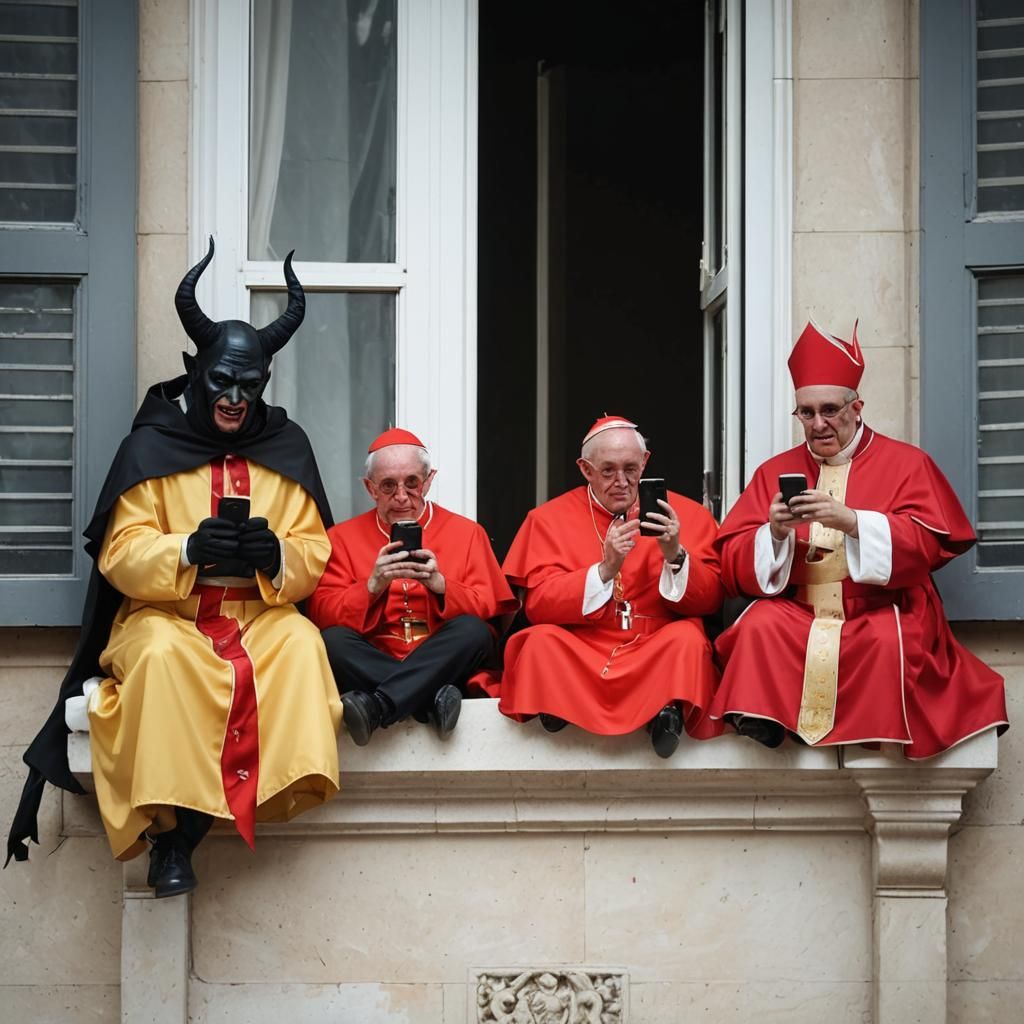 Devils, Cardinals, and Pope Posing With Phones