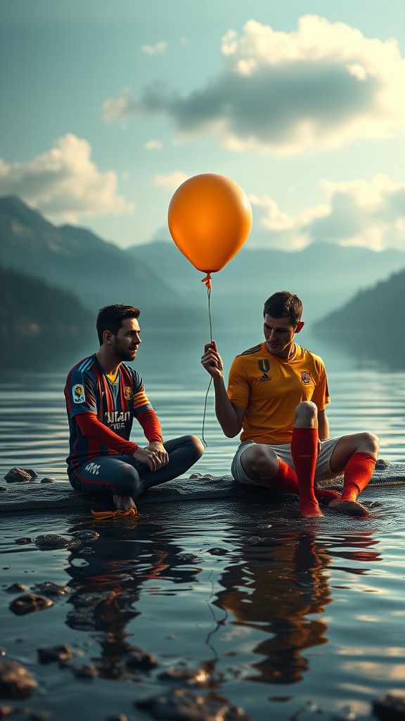 Messi and Ronaldo: Lakeside Victory in Detailed Matte Painti...