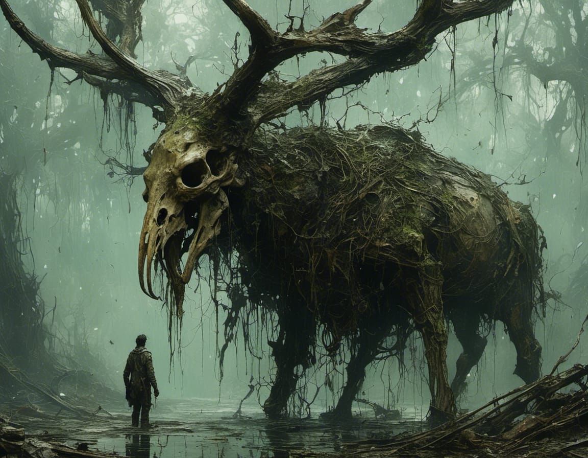 Swamp Creature with Elk Skull in Gothic Horror Style