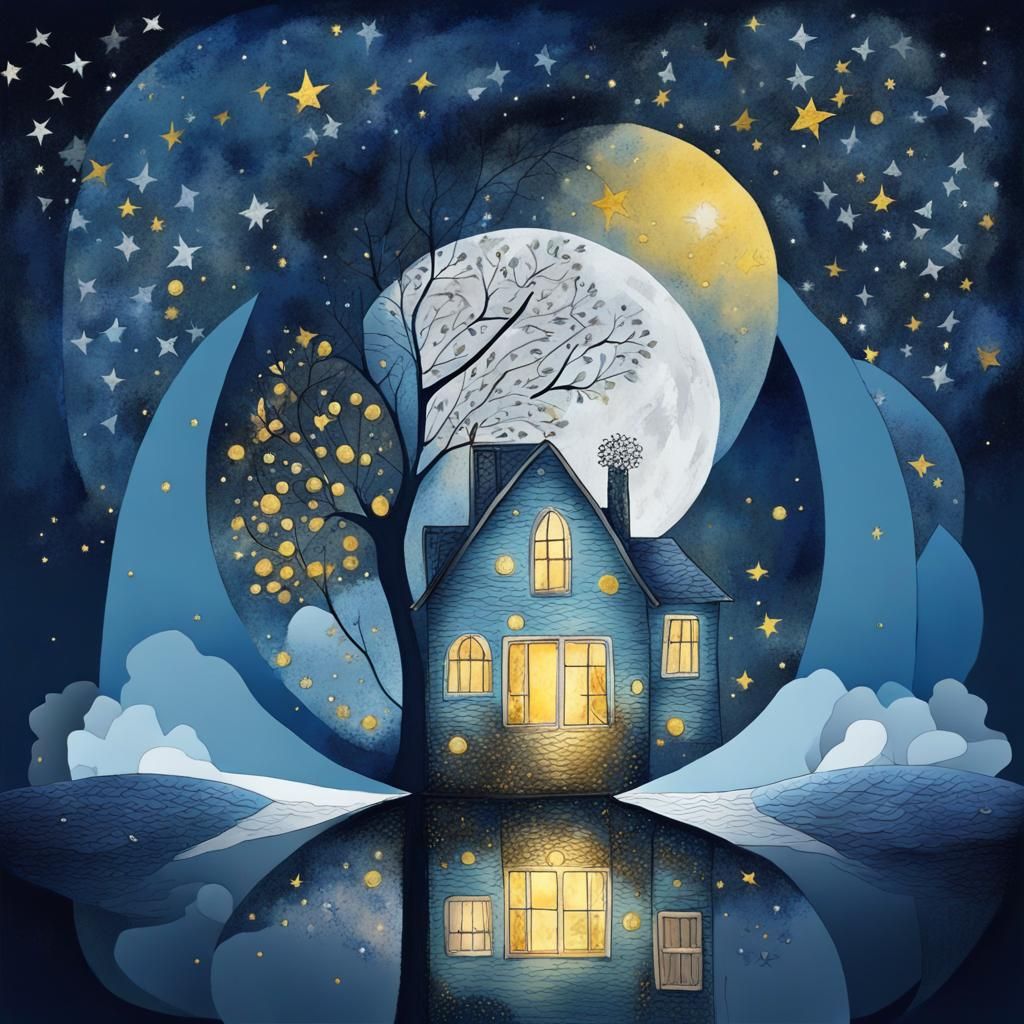 Blue Lunar Landscape in Art Brut Style