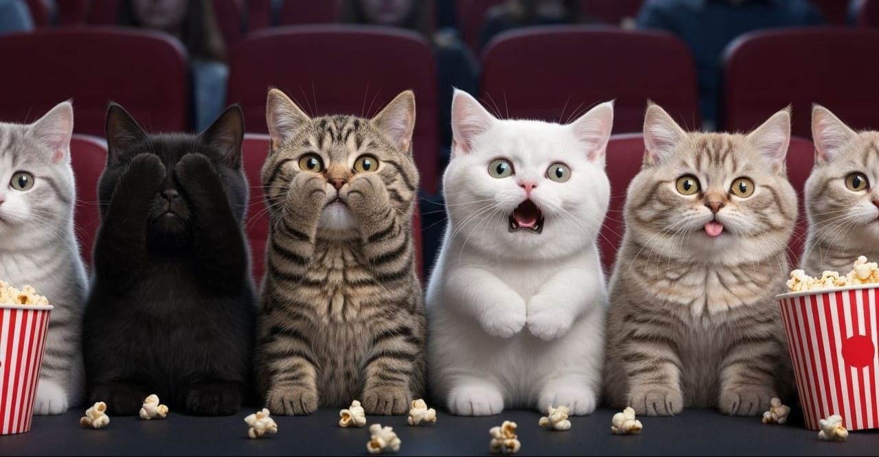 Scared Kittens Watching Scary Movie in Cinema