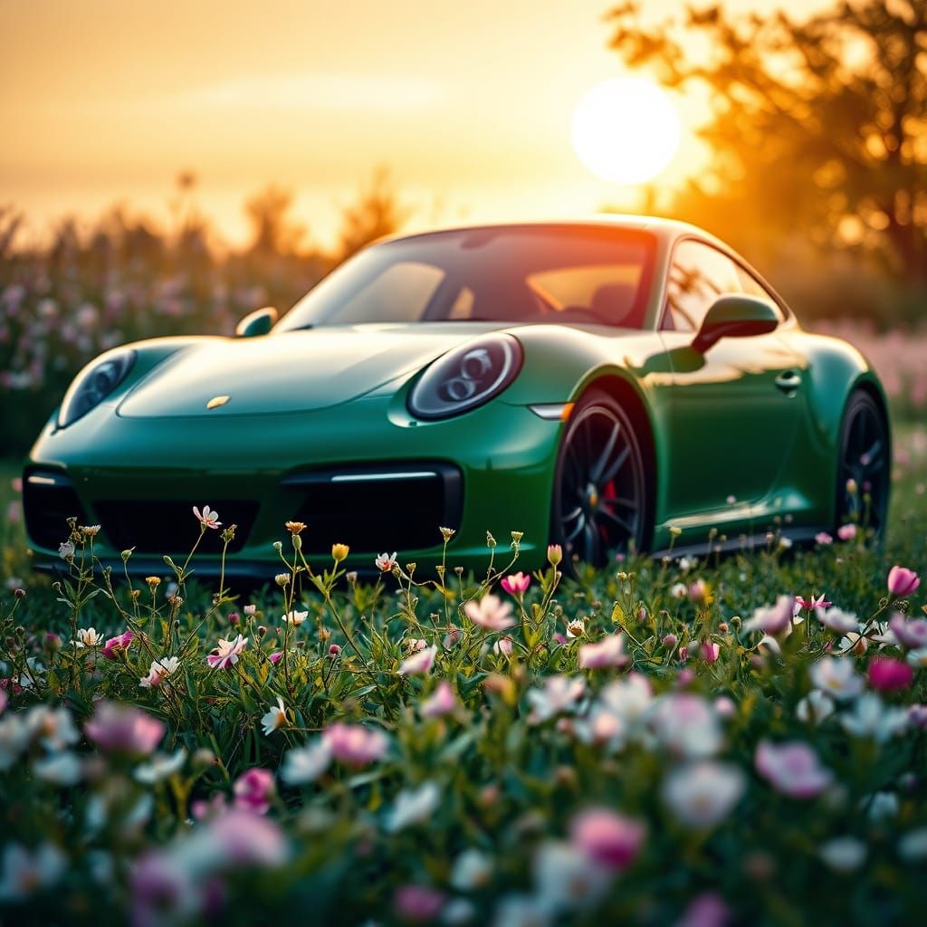Sleek Forest Green Porsche 911 Amidst Vibrant Blooms and Sak...