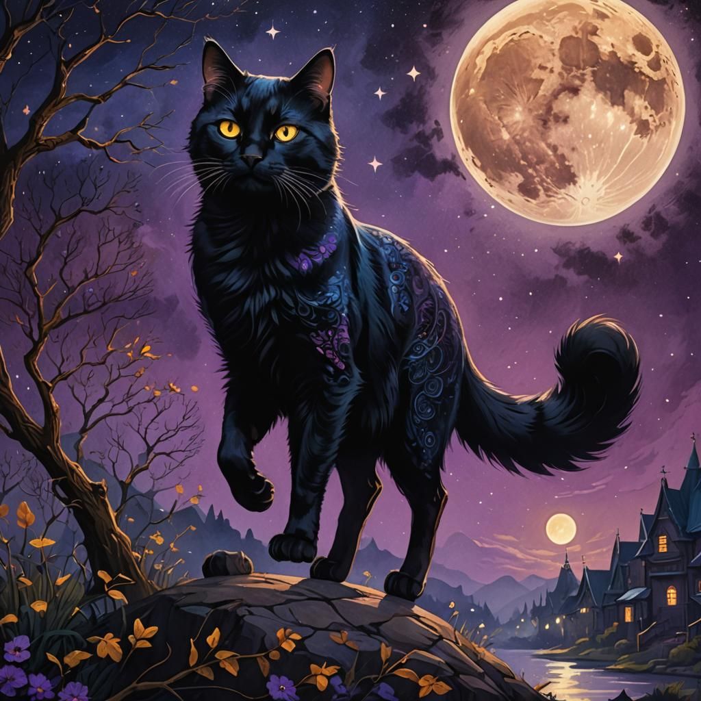 Black Cat Silhouetted by Full Moon in Digital Art