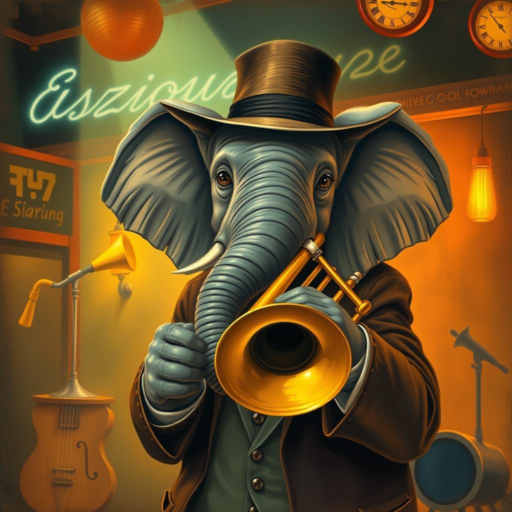 Elephant Jazz Trombonist in Nightclub, Vintage Style