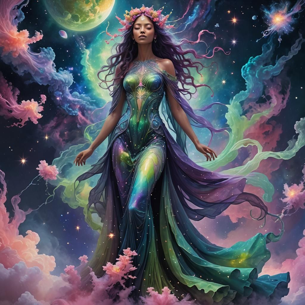 ethereal space goddess floating among nebulae
