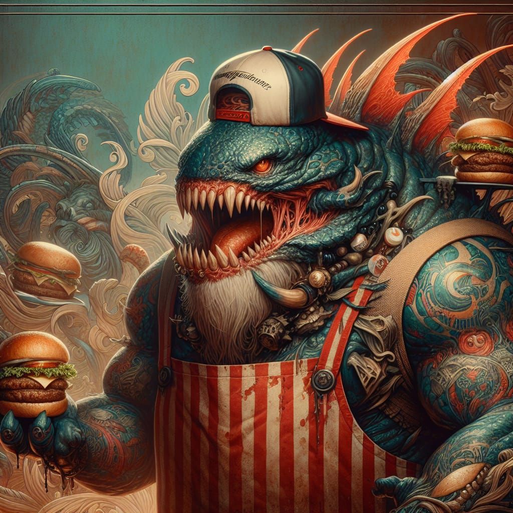 Monster Burger Chef with Tattoos in Fantasy Art Style