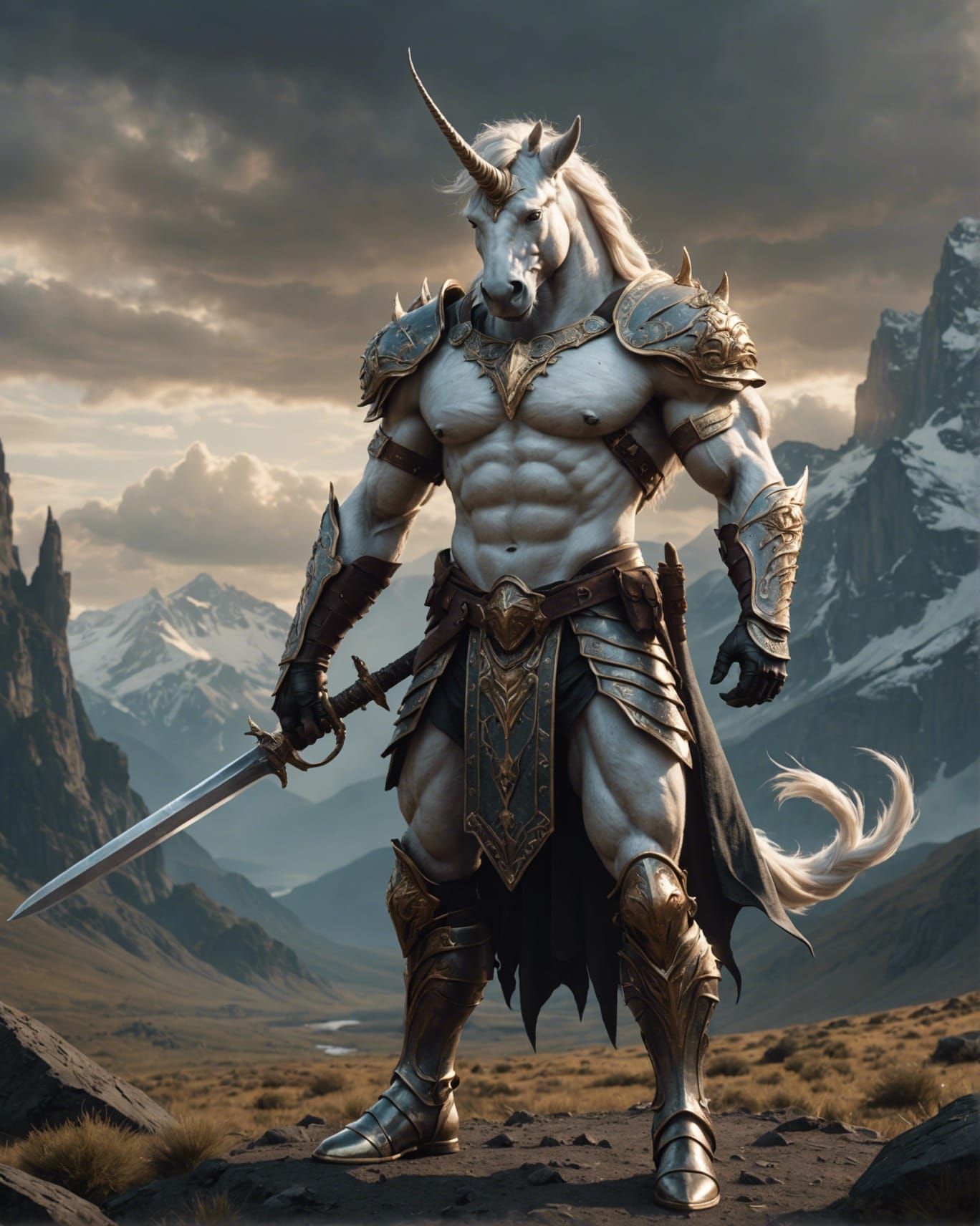 An anthropomorphic bipedal Unicorn stallion with a muscular masculine physique wearing loin cloth and gloves and boots s...