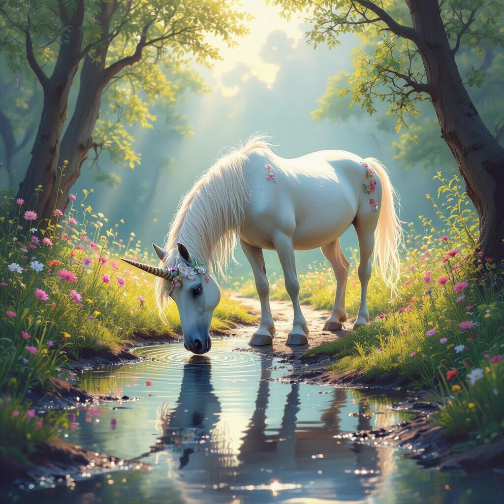 Unicorn Reflection in Forest, Dreamy Ethereal Style