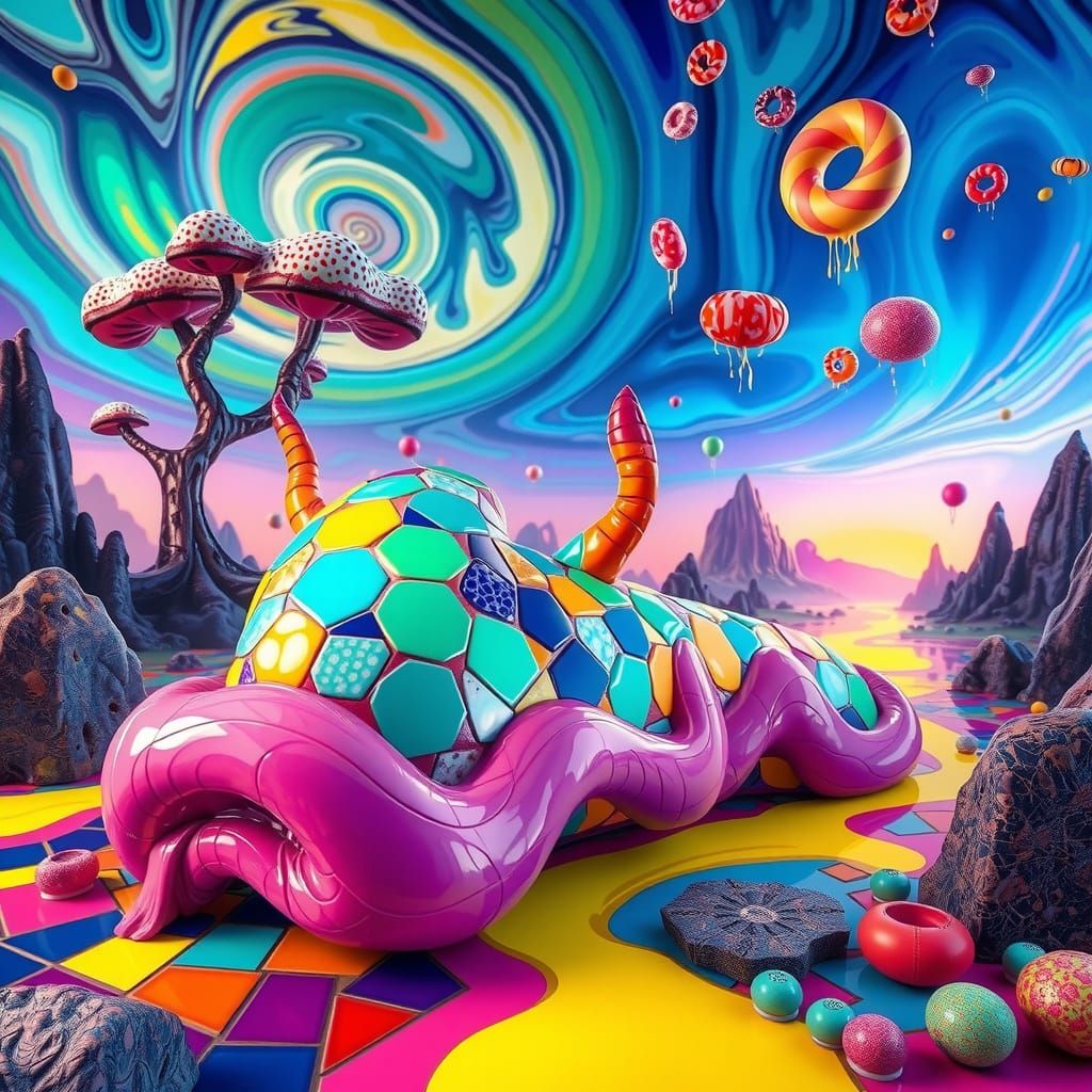 Ceramic Slime Creature in Hyper-Colorful Dreamscape