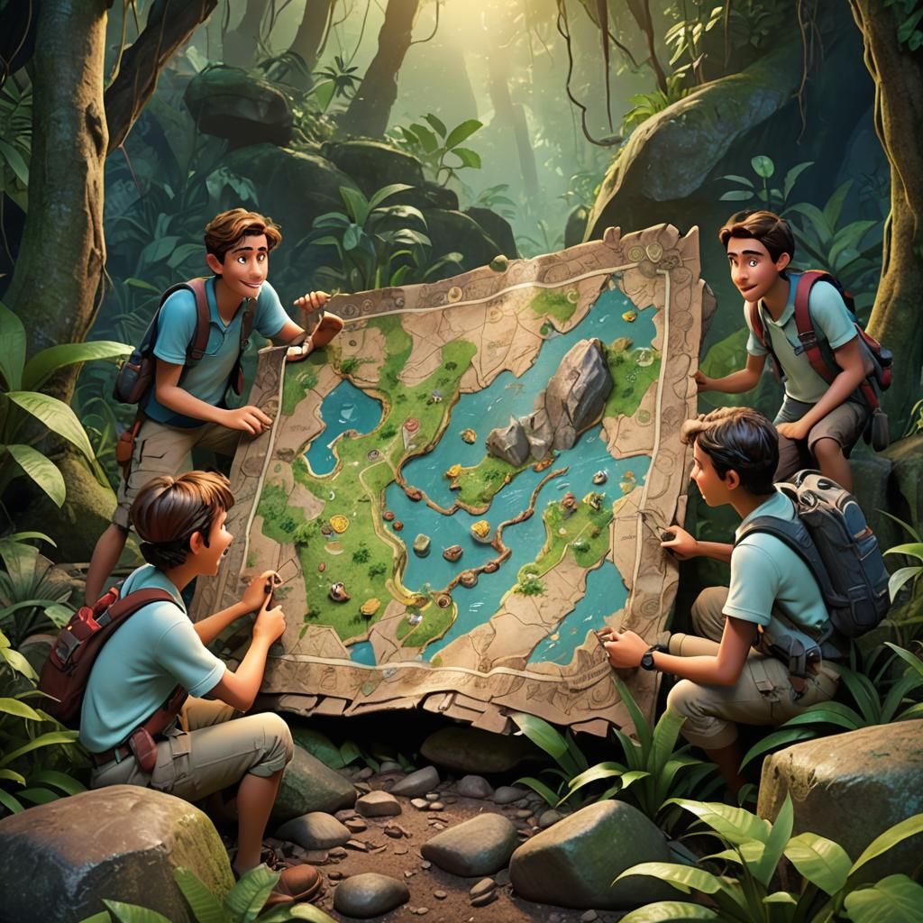 Friends Find a Jungle Map: 3D Digital Art
