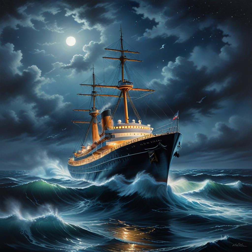 Airbrush Painting of Transatlantic Ship at Night