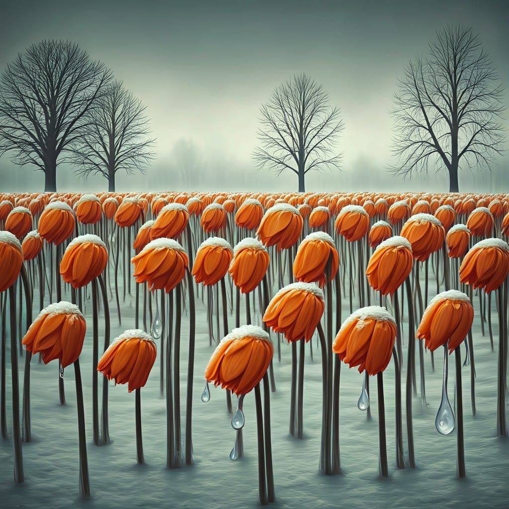 Wilted Orange Flowers in Watercolor Winter Landscape