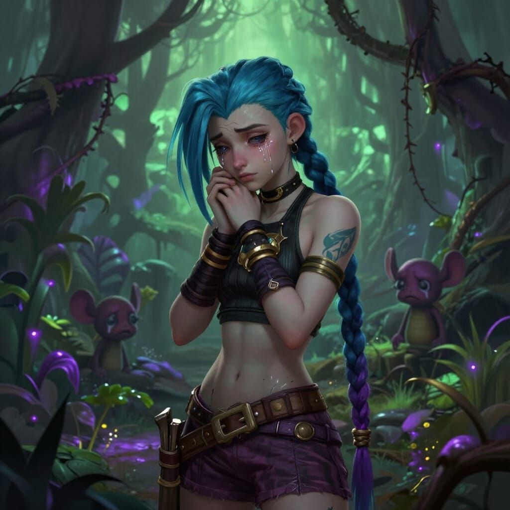 Zyra Mourns Jinx in Gloomy Forest: Cinematic Game Art