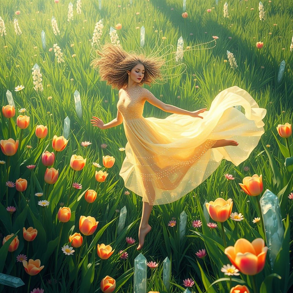Ethereal Goddess Dancing Amidst Vibrant Blooms and Crystals