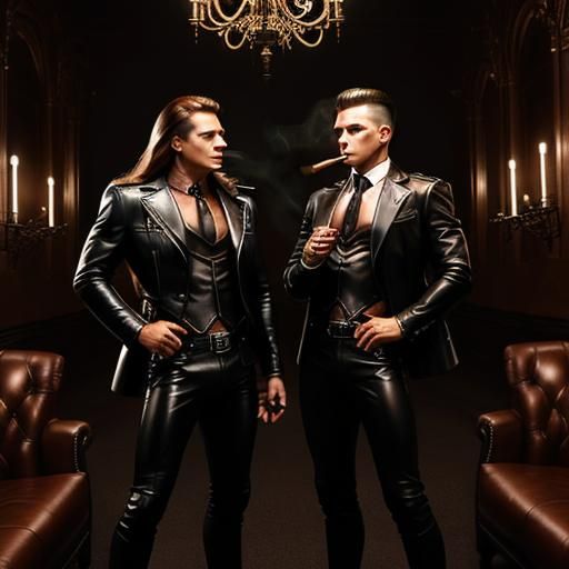Leathermen Smoking Cigars in Smoky Room