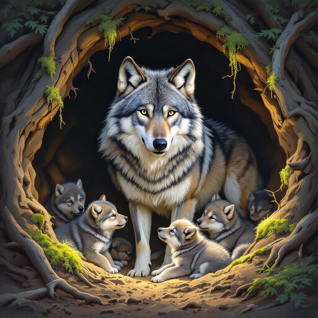 Majestic Wolf and Pups in Bioluminescent Den