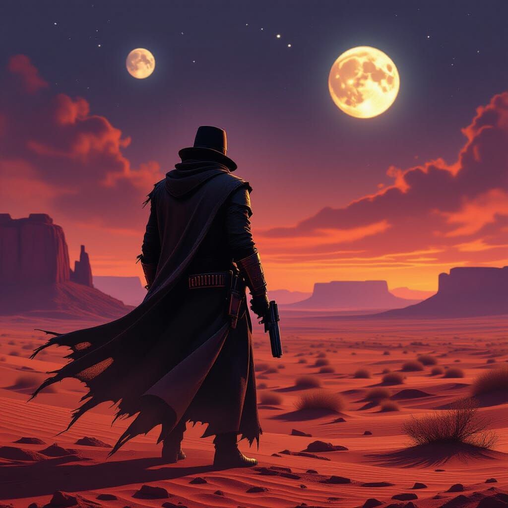 Alien Desert Wanderer Under Twin Moons in Sci-Fi Western Sty...