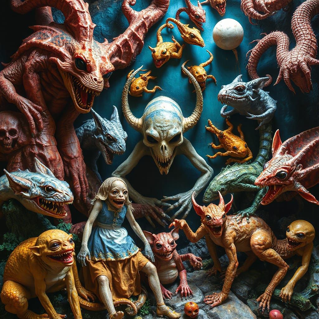 Vibrant Wonderland Trompe L'oeil with Bizarre Creatures in A...