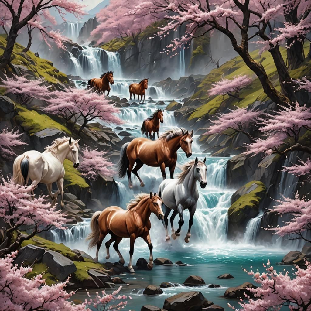 Cherry Blossom Valley with Waterfall and Wild Horses