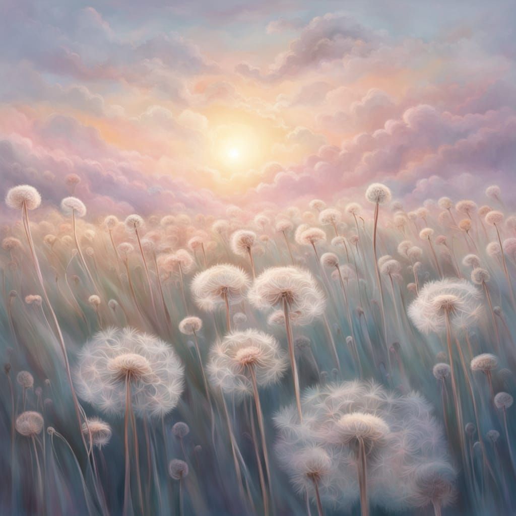 Surreal Cloud Islands and Giant Dandelion Seed in Pastel Sky